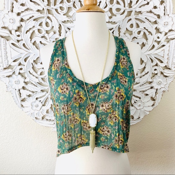 Free People Tops - {Free People} Green Floral Sheer Hi/Lo Tank Top